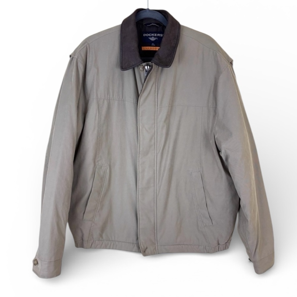 Vintage Dockers 90’s Beige Leather Collar Harrington Barn Bomber Jacket XL